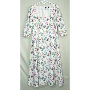 Alexia Admor White Floral Smocked Long Sleeve Midi Dress Stretch Size 10